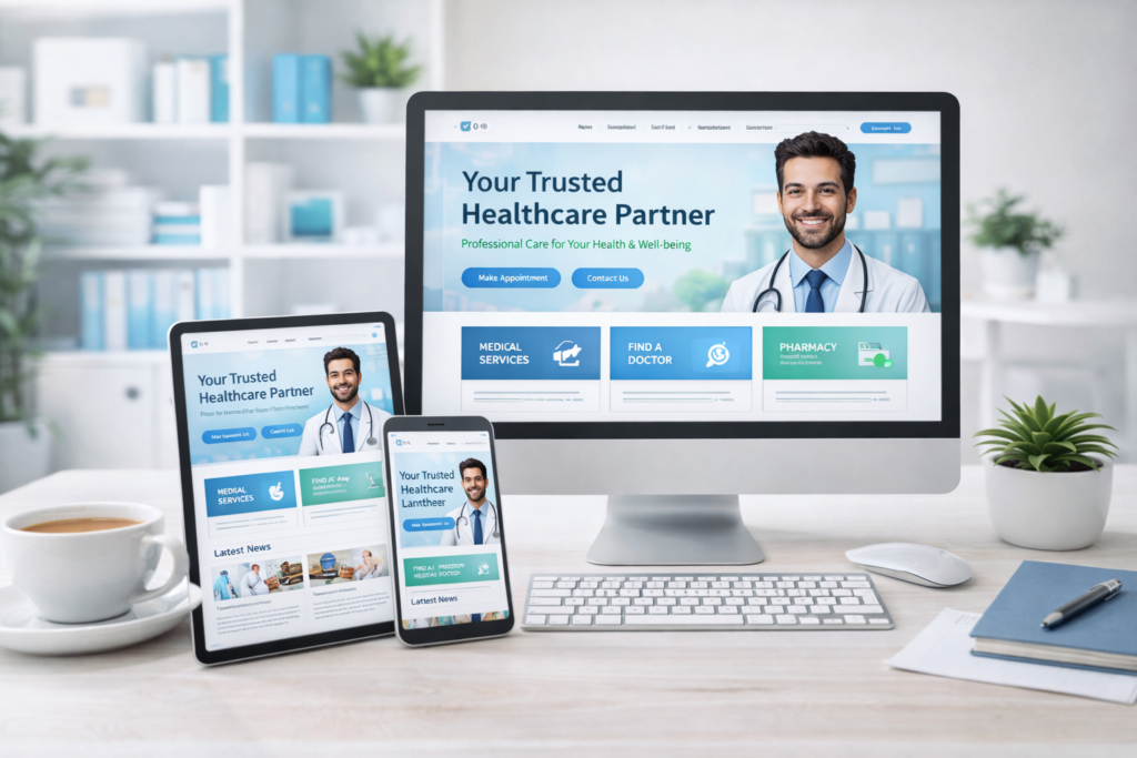 Healthcare web design for clinics and pharmacies in Qatar focused on professional layout, usability and patient trust